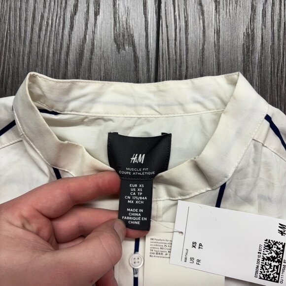 H&M Muscle Fit Striped Button Shirt White Collarless New NWT - Picture 4 of 8